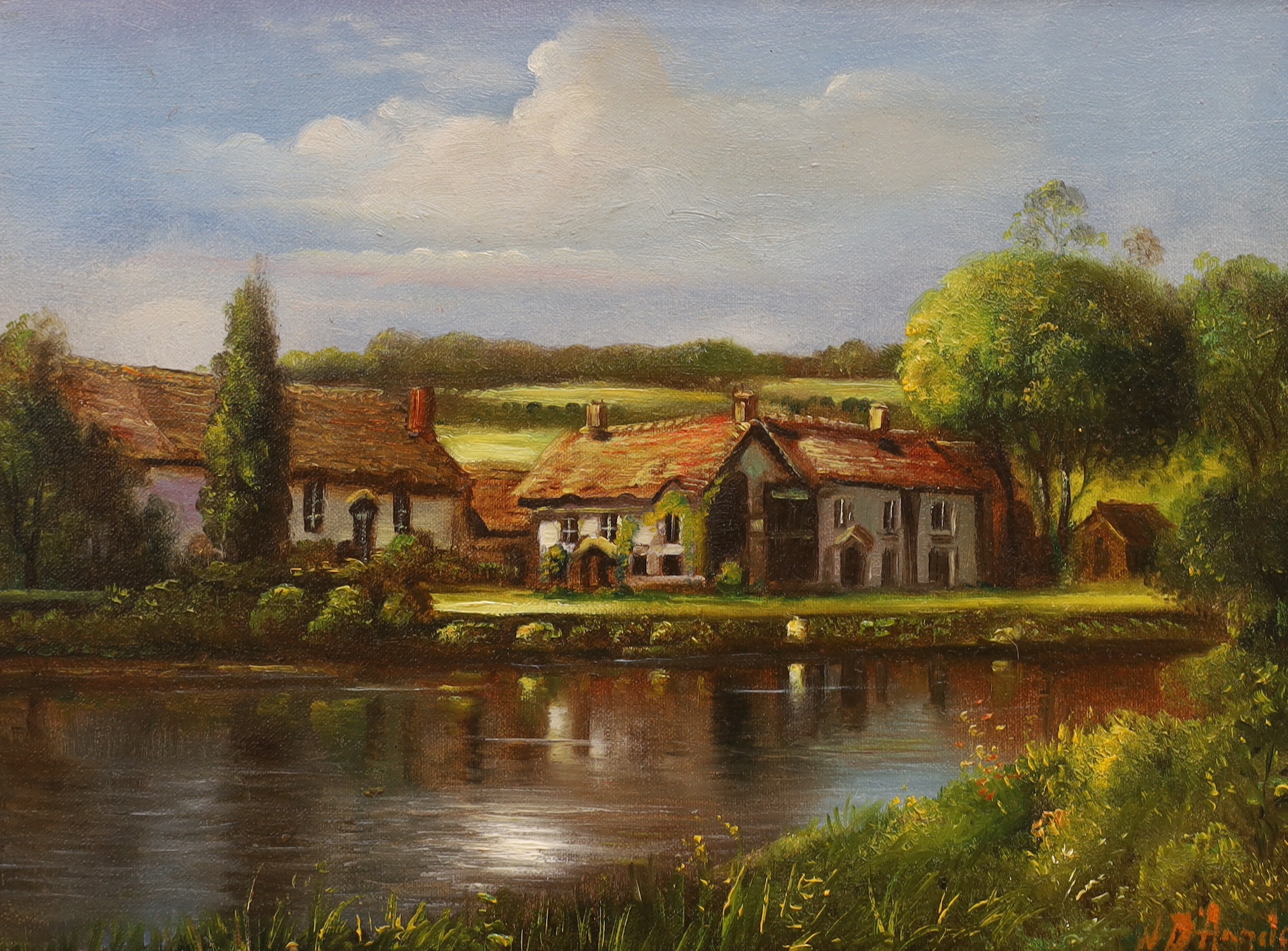 Nazzareno D'Angelo (d.2011), two oils on canvas, Stream before cottages and Bruges landscape, one signed, largest 39 x 49cm